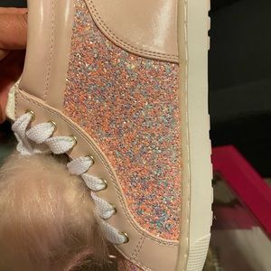 Girls glitter pink hightop Justice pom-pom shoes